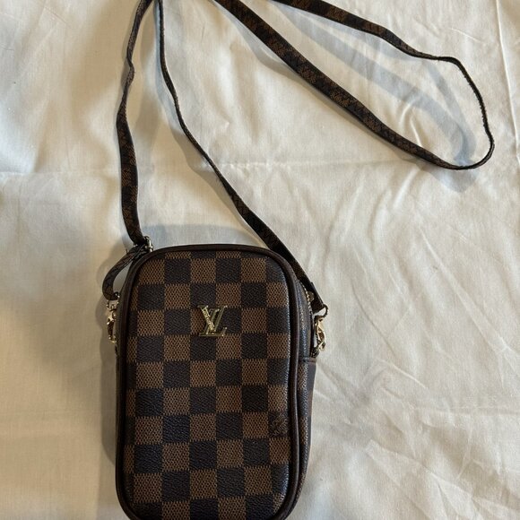 Designer Inspired Checkered Brown Crossbody Bag - Picture 2 of 4